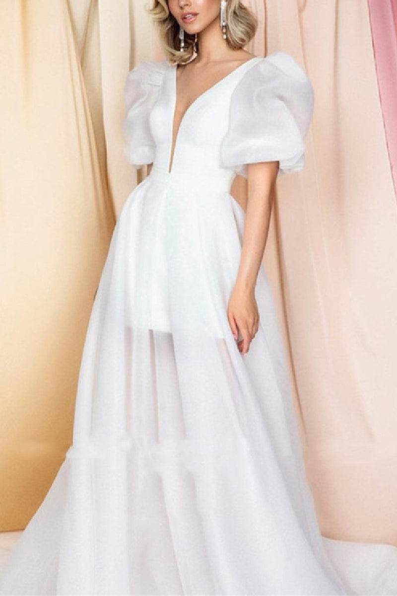 Two-Piece Sweep-Brush Train Satin Organza Little White Dress 100067 - COCOMELODY